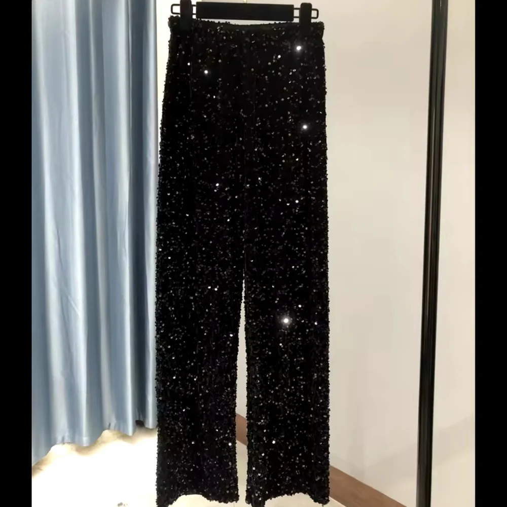 Women's Fashion Trendy Sparkling Gold Pants Relaxation of Tall Waist Wide-legged - Picture 4 of 6